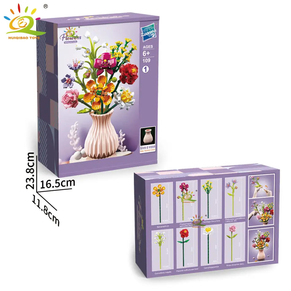 Une boîte violette contenant un ensemble de bouquet de fleurs en briques pour les amateurs de blocs, avec un vase en céramique cannelé de style beige et des fleurs en plastique colorées