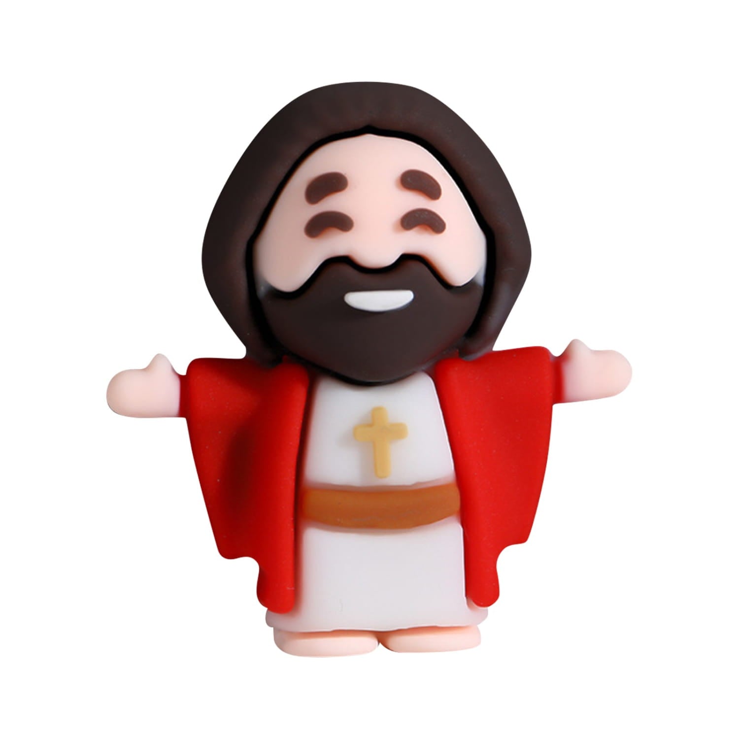 A charming cartoon-style mini Jesus figurine with long brown hair and beard wearing a red robe over white garments accented by an orange belt and a small gold cross chest featured in a 10-piece Easter party favors set.