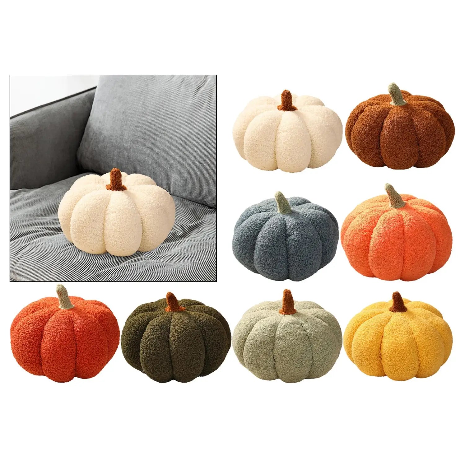 Coussin décoratif en peluche de type polaire en forme de citrouille de couleur crème, avec une tige brune, conçu comme un coussin en forme de citrouille d’Halloween.