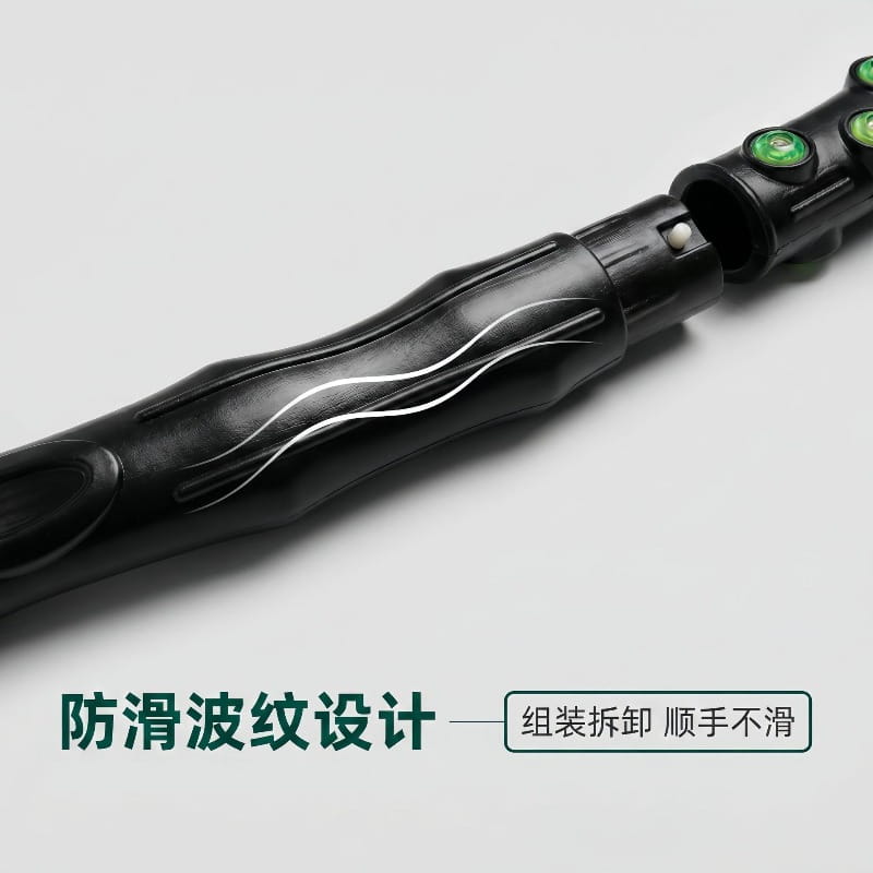 Black telescopic pole with textured grip and green circular indicators for weighted magnetic fitness hoop designed for waist shaping.