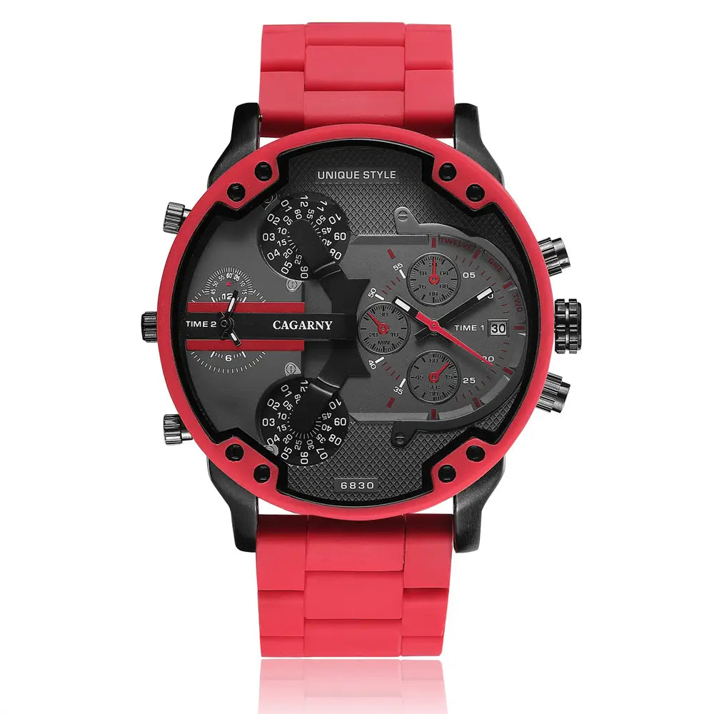 Rote und schwarze Cagary-Dual-Time-Luxus-Sportuhr aus Stahl mit Quarzwerk für Herren mit kühner Multi-Zifferblatt-Optik.