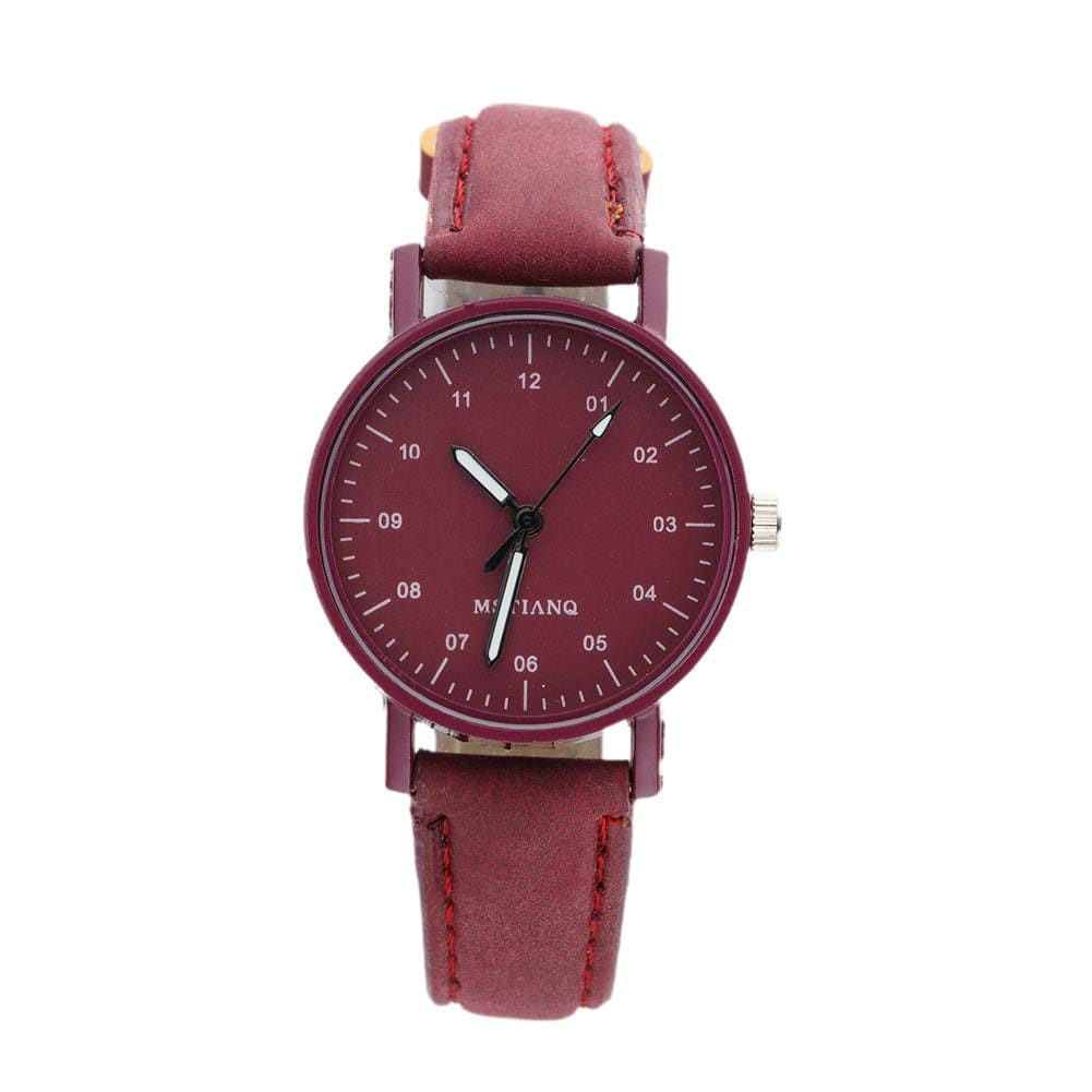 women quartz watch with maroon pu leather strap and dial featuring a silver tone case designed as a waterproof wristwatch