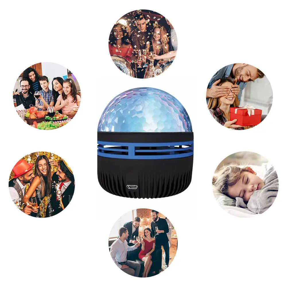 Enceinte de boule disco à DEL bleu et noir, avec base texturée, conçue comme veilleuse de nuit pour un éclairage d’ambiance d’intérieur, à utiliser pour des veilleuses d’ambiance.