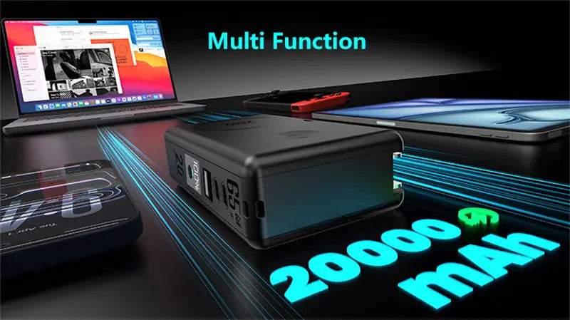 Batterie externe sans fil magnétique rectangulaire noire d’une capacité de 20 000 mAh et de plusieurs ports USB conçue pour une charge rapide 65 W.
