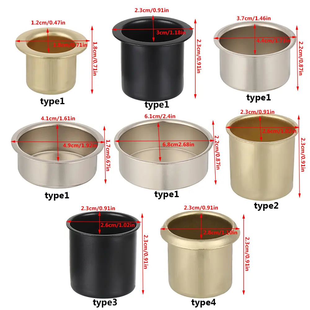 Coupes à bougies en métal pour créations DIY et supports, finition métal or, noir et argent, avec des tailles variées, présentées.