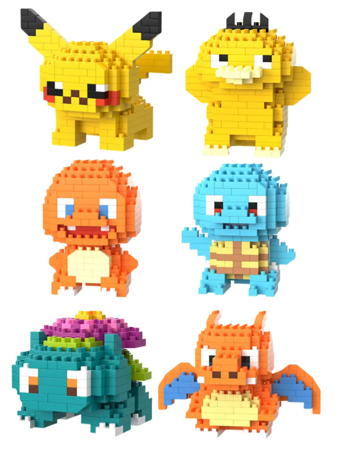 レゴに対応したポケモンのビルディングブロックおもちゃセットにおいて、かみ合うプラスチック製ブロックで構成された黄色いピカチュウのフィギュア。