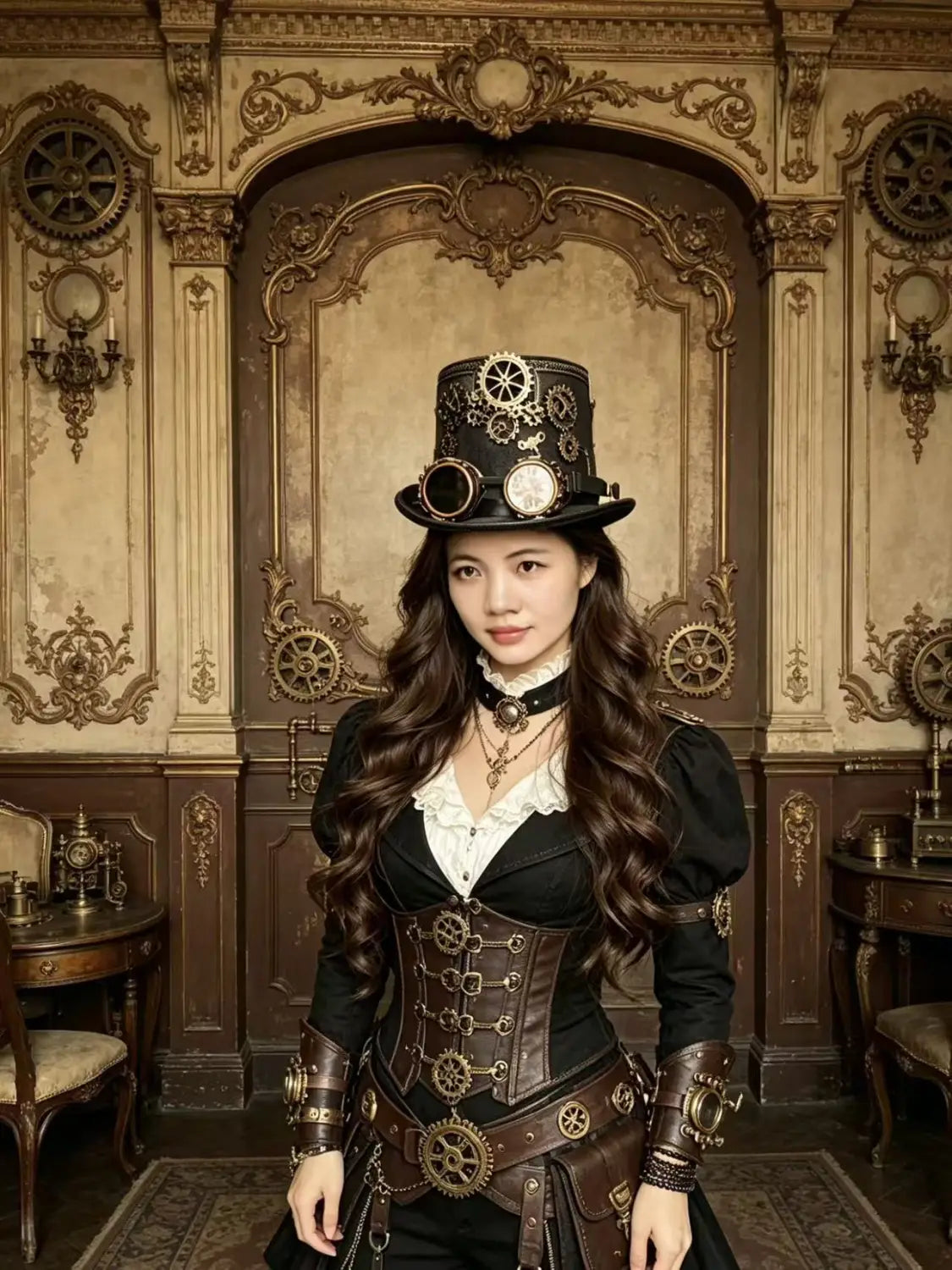 Black steampunk top hat adorned with brass gears and a circular clock face featuring integrated goggles and mechanical accents.