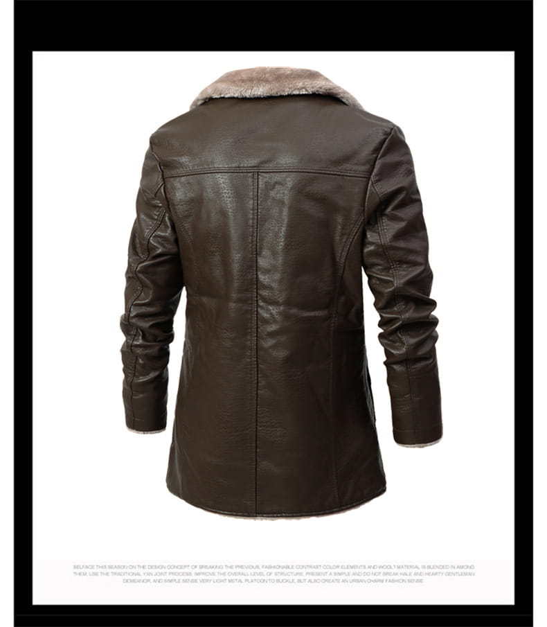 gabardina de cuero con forro de vellón para hombre en marrón oscuro con cuello de piel tipo borreguillo de color claro esponjoso para uso como chaqueta de invierno