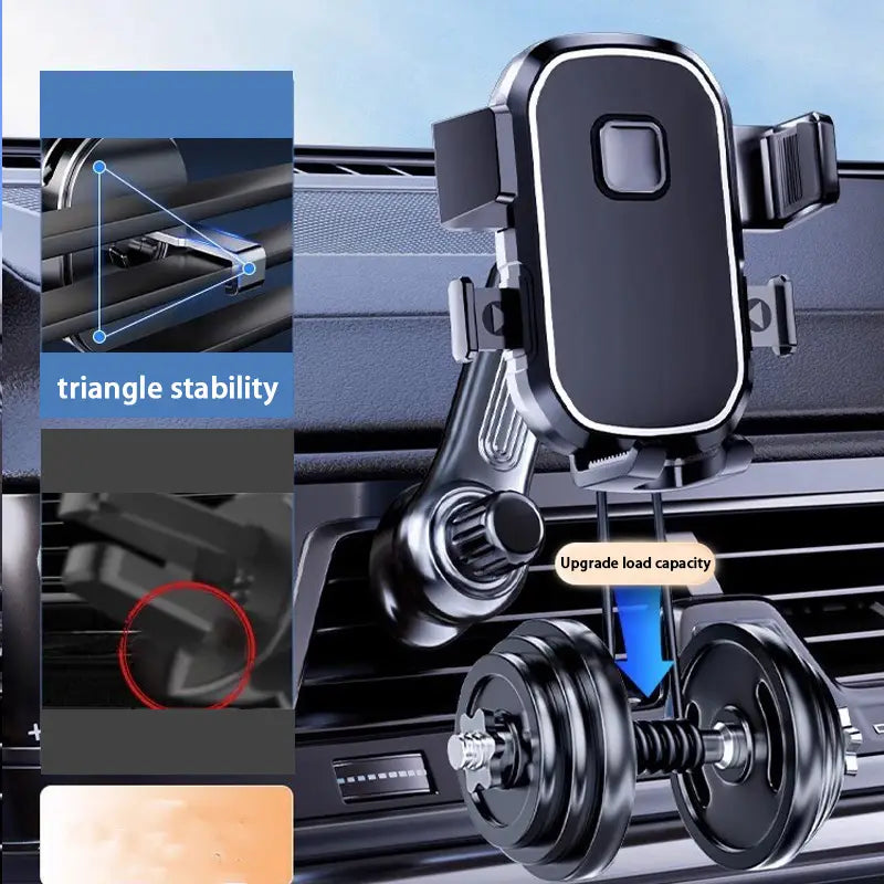 Soporte para teléfono de coche con gancho metálico para ventilación en negro y plata, con brazos ajustables y un diseño triangular de estabilidad.