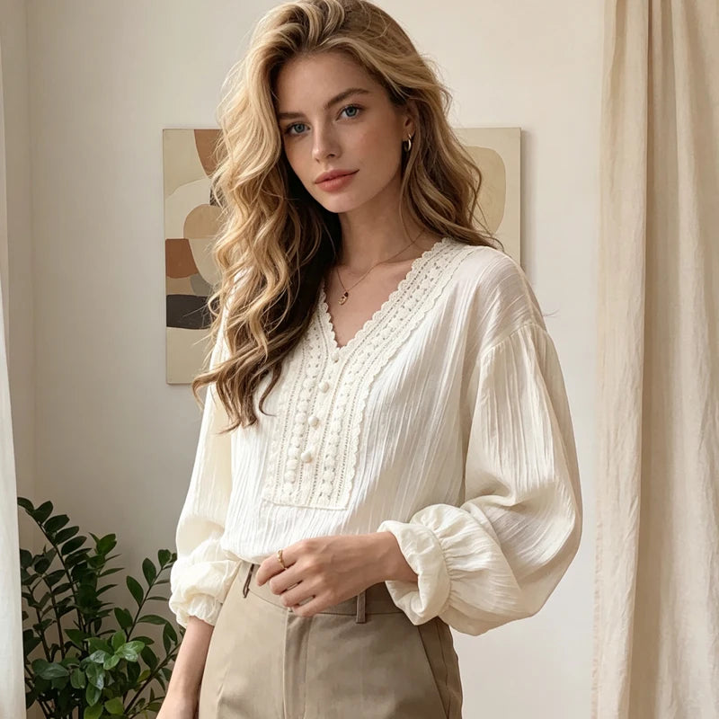Women's Shirt Summer Loose Long Sleeve Women's Blouse Office Lady Elegant White Tops V-neck Casual Lantern Sleeve Female Shirts