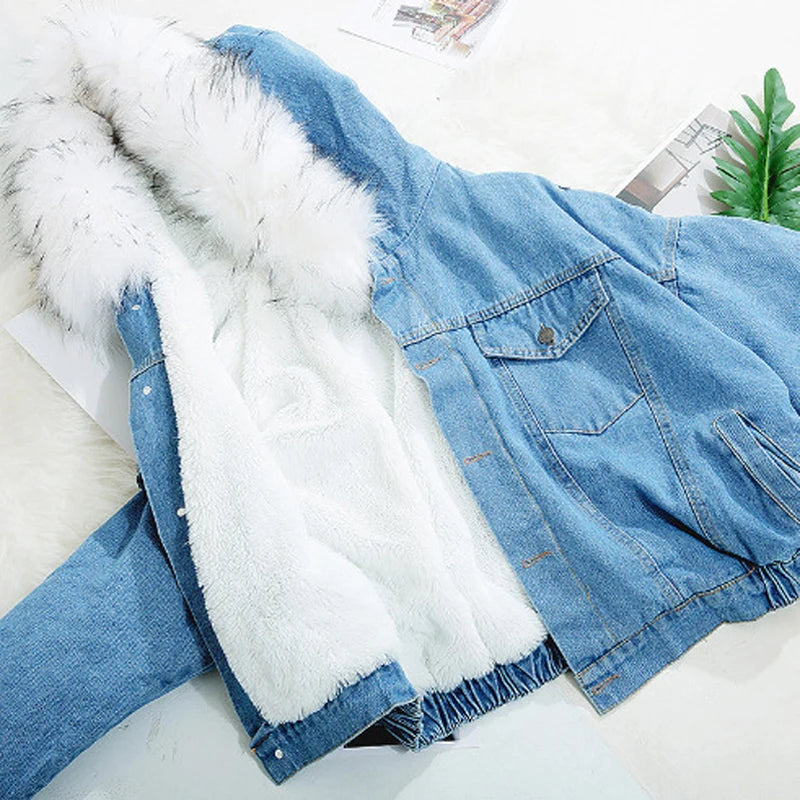 Winter Fashion Denim Jacket Hooded Coat Woman Thicken Outwear with Removable Fur Collar Clothes Warm Fleece Lined Jean Jacket