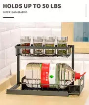 Support à épices noir en métal à deux niveaux au design moderne et épuré, organisateur d’évier en forme de L pour une utilisation dans les placards de cuisine et de salle de bains
