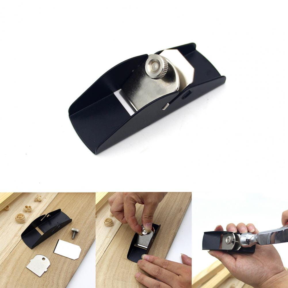 Black mini wood hand planer featuring a silver adjustable knob and metallic blade made of aluminum alloy for precise carpentry use.