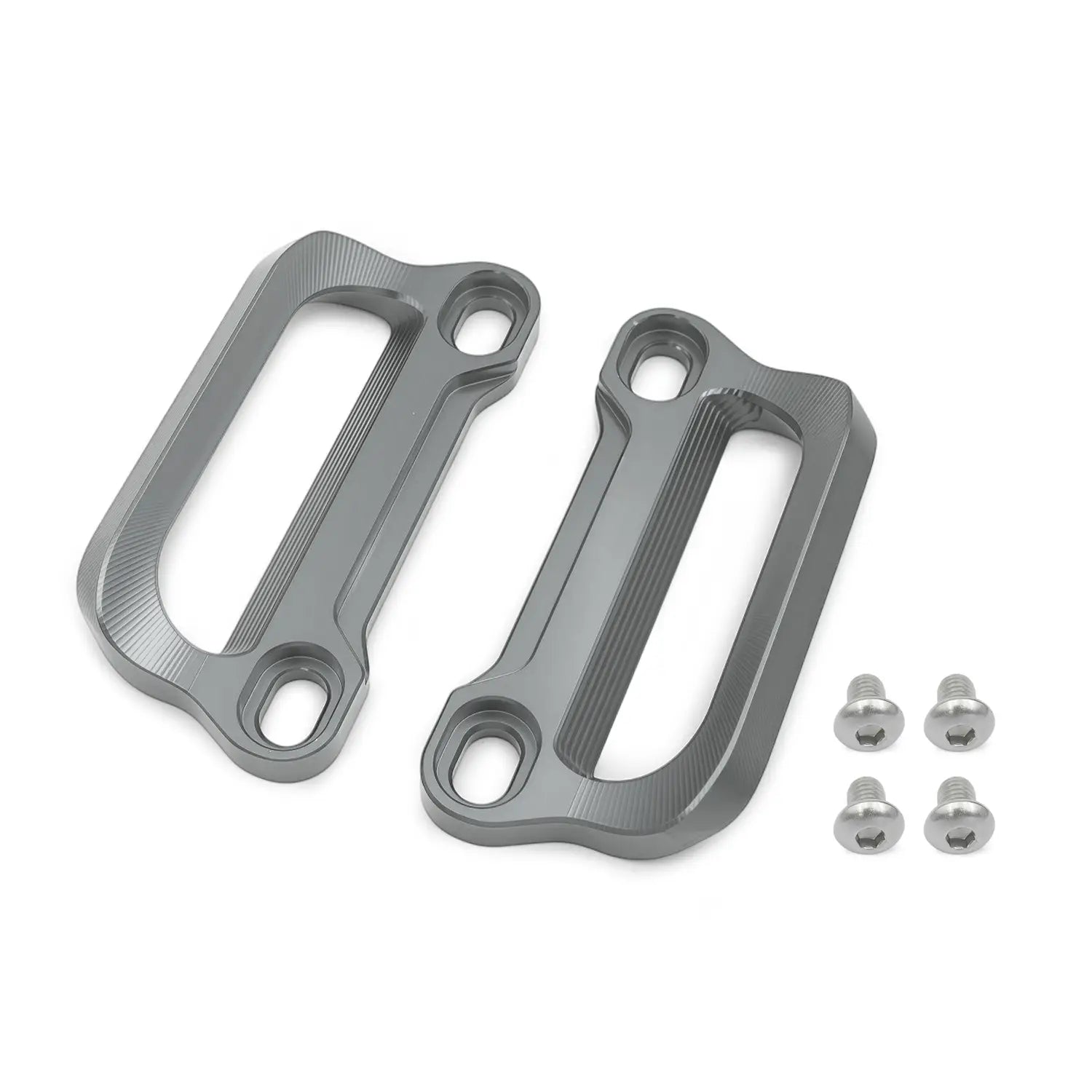 Graue metallic Cfmoto 675srr CNC-Gepäckträgergriffe für den Soziusbetrieb mit strukturierten, gerippten Lenkergriffen und passenden Schrauben, dargestellt von der Rückseite.