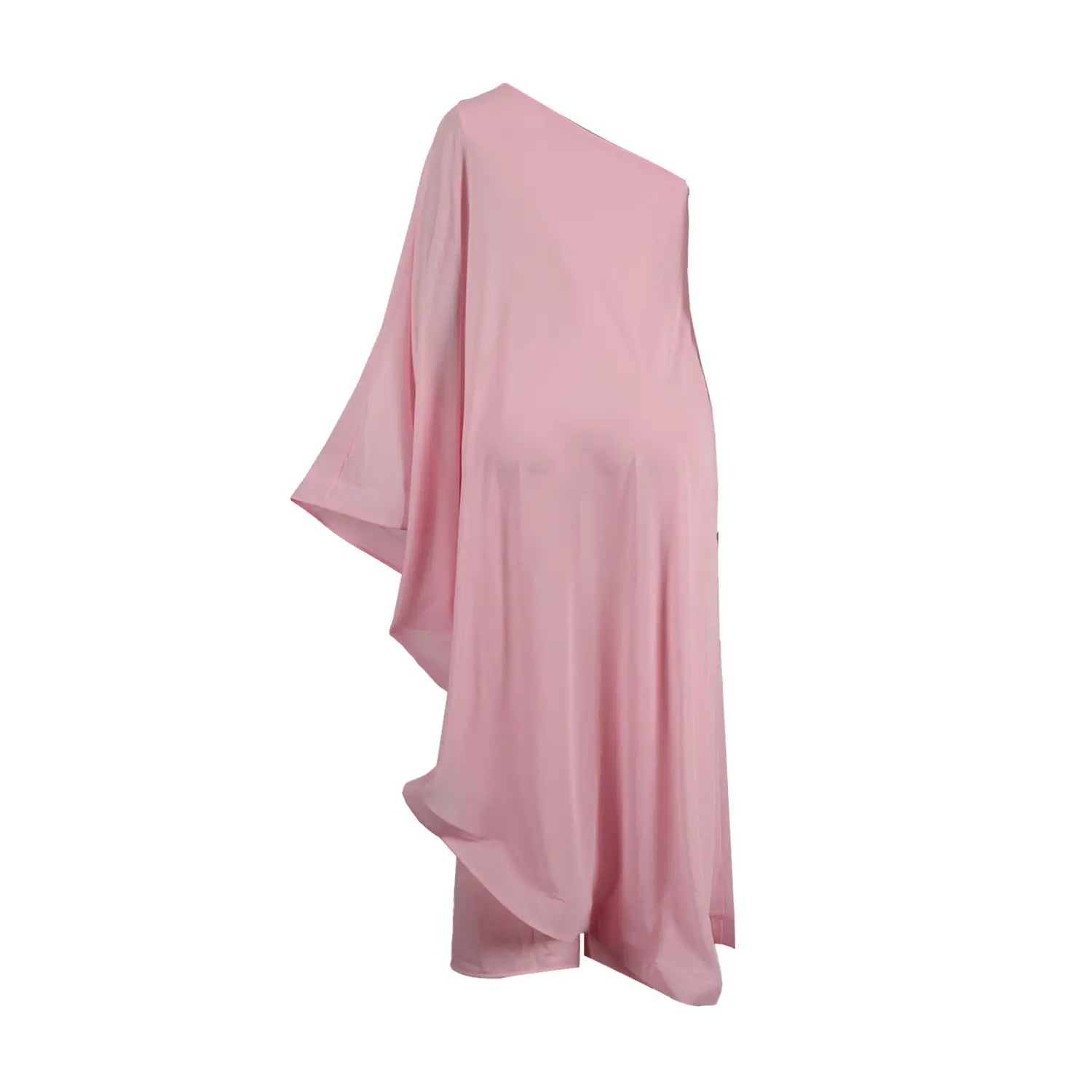 Ein fließendes einseitiges Chiffonkleid in Rosa mit leichtem Stoff und drapiertem asymmetrischem Design, geeignet für elegante Anlässe