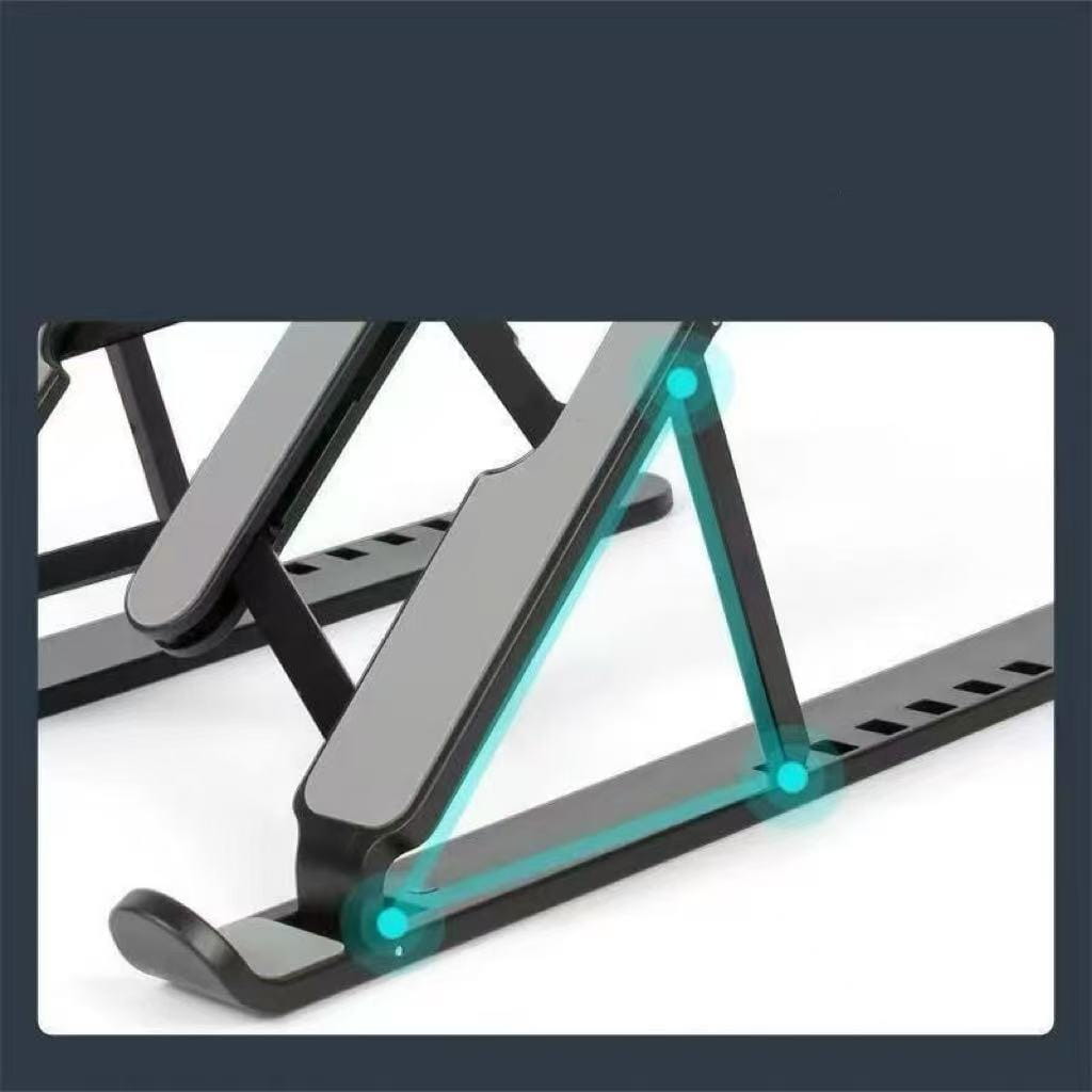 Black and gray adjustable foldable laptop stand with a sleek minimalist design for ergonomic use