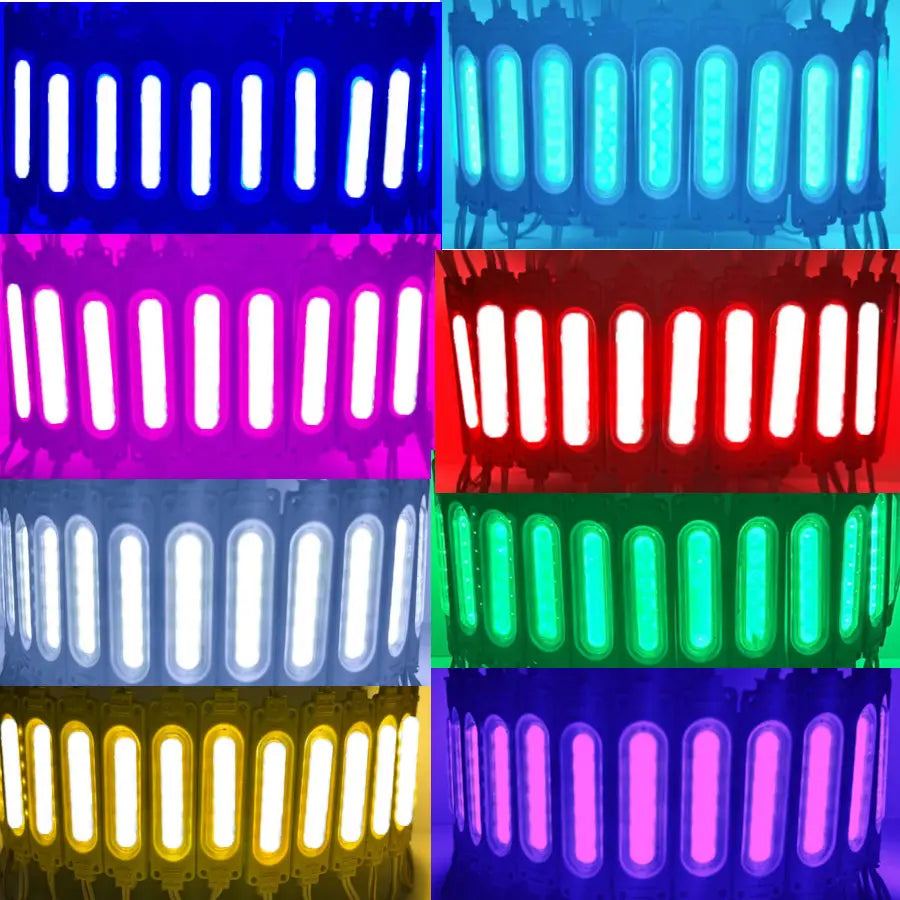 eine Sammlung ultrabrillanter LED-Module in Blau, Pink, Violett, Rot, Weiß, Grün und Gelb, mit wasserdichten 12-V-Multicolor-COB-Backlight-Streifen in einem 20-teiligen Set.