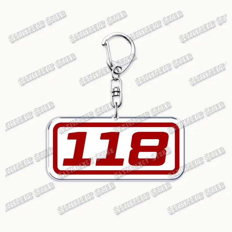 Silver acrylic rectangular keychain featuring bold red 118 numerals on white background with thin metallic border, designed as a 9-1-1 TV show firefighter gift.