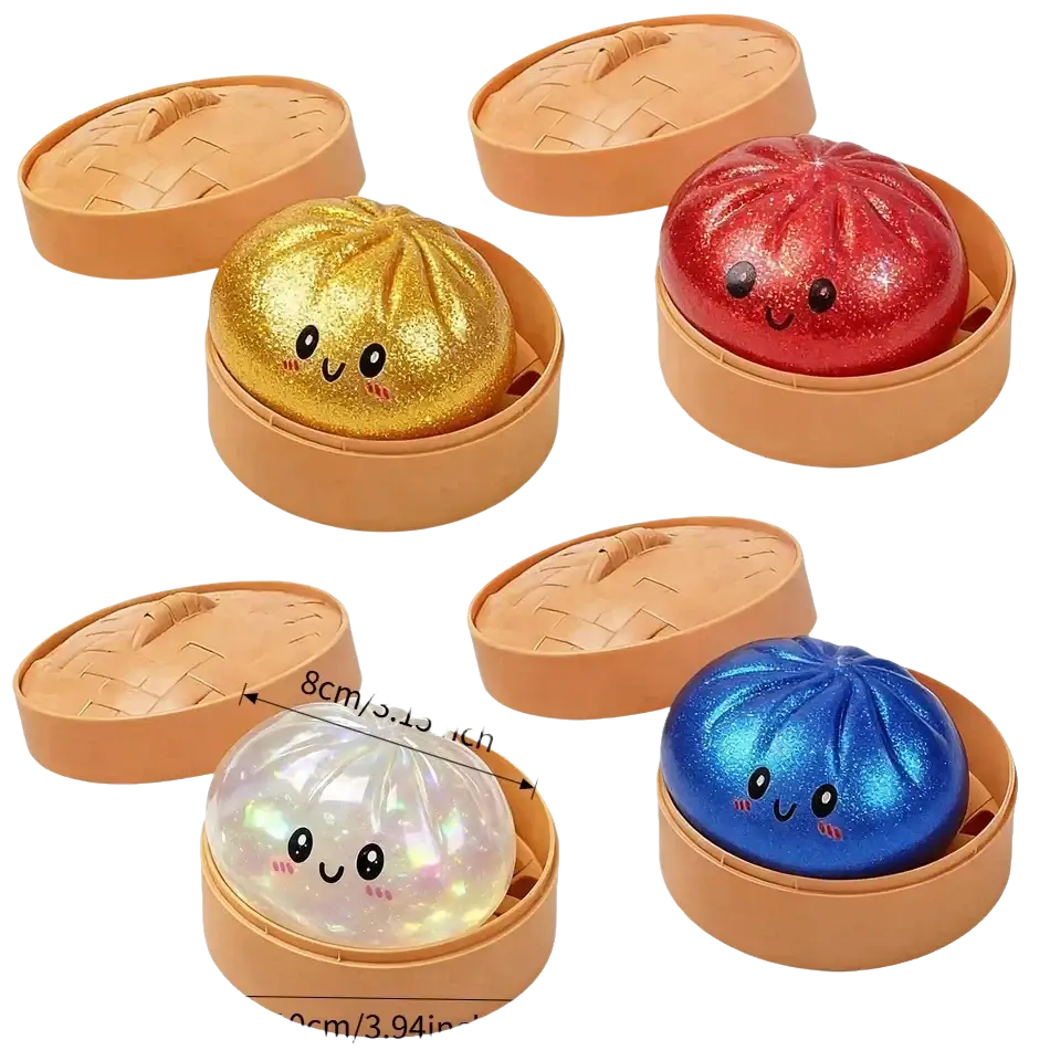 Best selling glitter dumpling squishy stress relief squeeze toys in gold red blue and iridescent hues in bamboo steamers