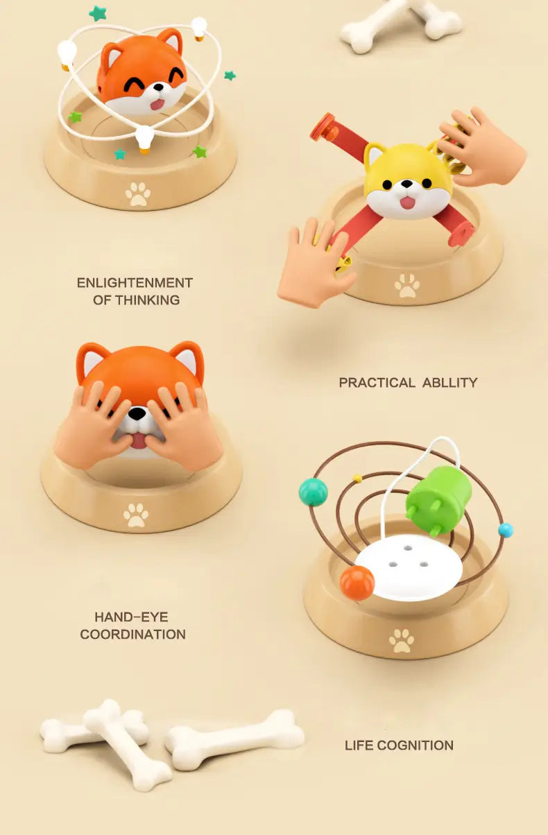 Jouet de voyage cube d’occupation Montessori : figurine éducative en forme de renard orange, avec un visage souriant, sur une base circulaire beige, avec des anneaux en rotation autour.