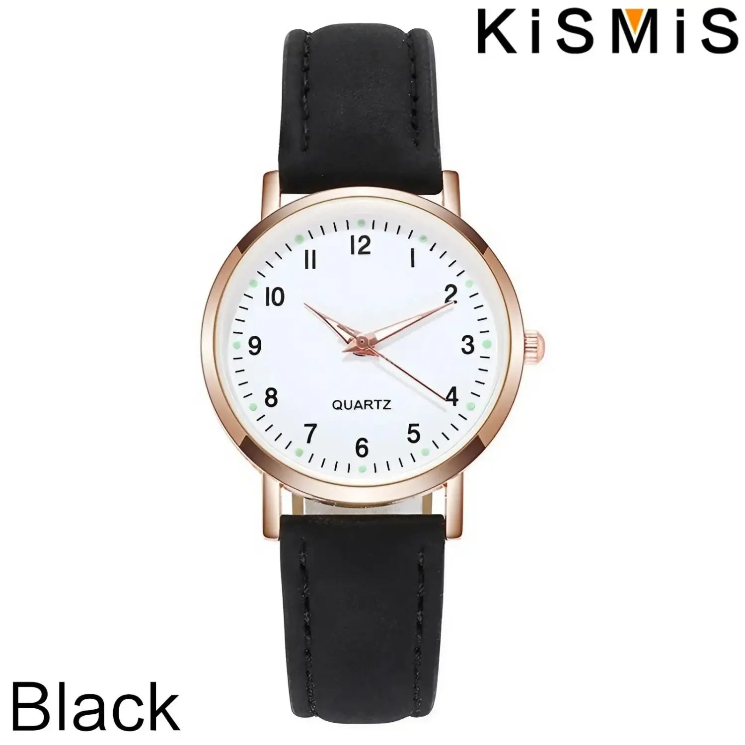 Kismis women quartz watch with a white dial, rose gold-tone case, and black pu leather strap in a minimalist wristwatch design.