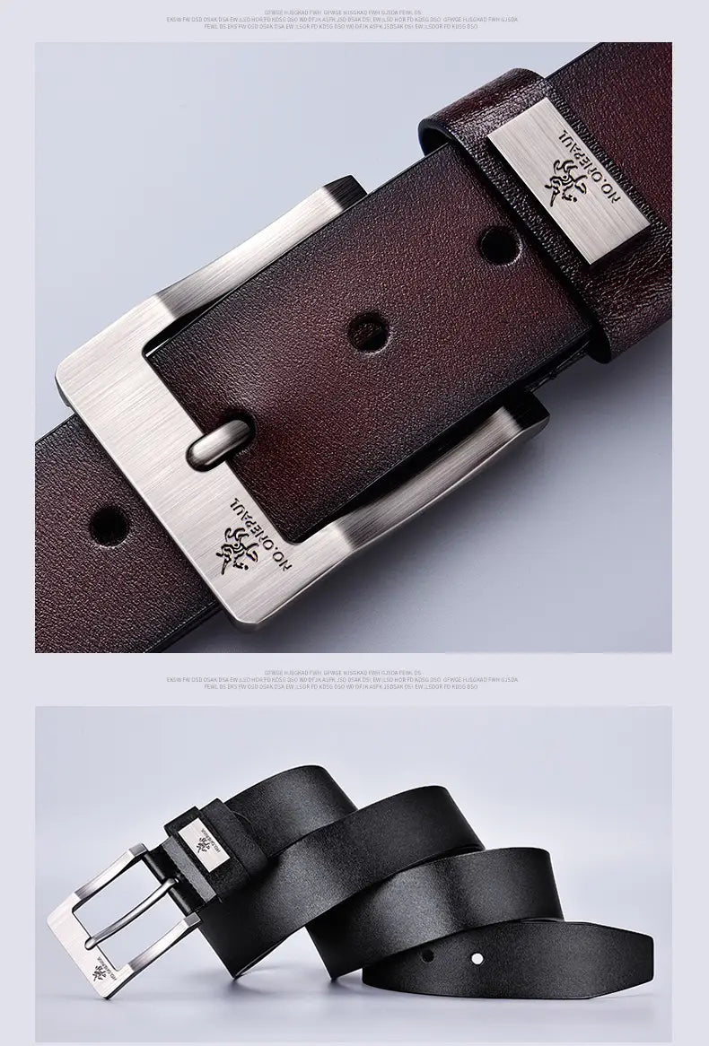 Ceinture en cuir marron avec sangle de luxe vintage pour hommes, boucle à ardillon vintage gravée ton argent.