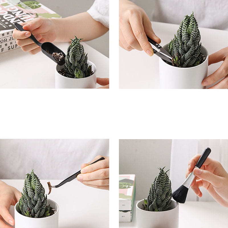 juego de herramientas ergonómicas para el cuidado de plantas con mango negro, con pala, pinzas y cepillo para el mantenimiento de suculentas, procedente del juego de herramientas de jardín negras de 13 piezas.
