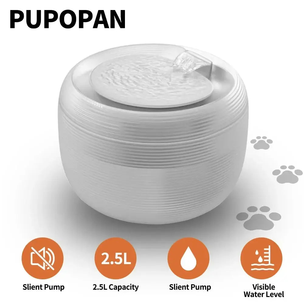White pupopan pet water dispenser with ribbed cylindrical body textured lid bpa-free smart 25db quiet fountain