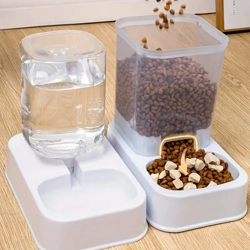white plastic pet feeder and water dispenser with clear water reservoir and transparent food container filled with brown kibble designed for convenient feeding.