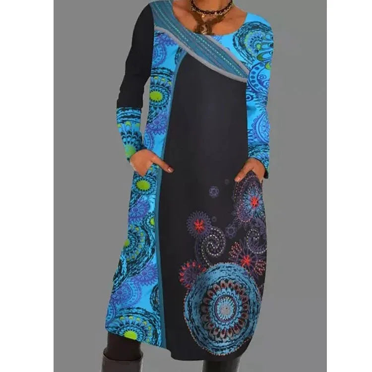 Ethnic Style Casual Dresses Women's Loose Vintage Ruffles Midi Dress Spring Autumn Long Sleeve Boho Printed Party Pocket Dress