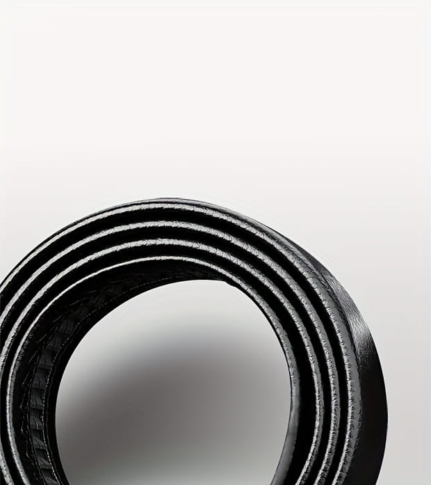 Black leather men’s automatic buckle belt with a textured woven pattern and subtle sheen.