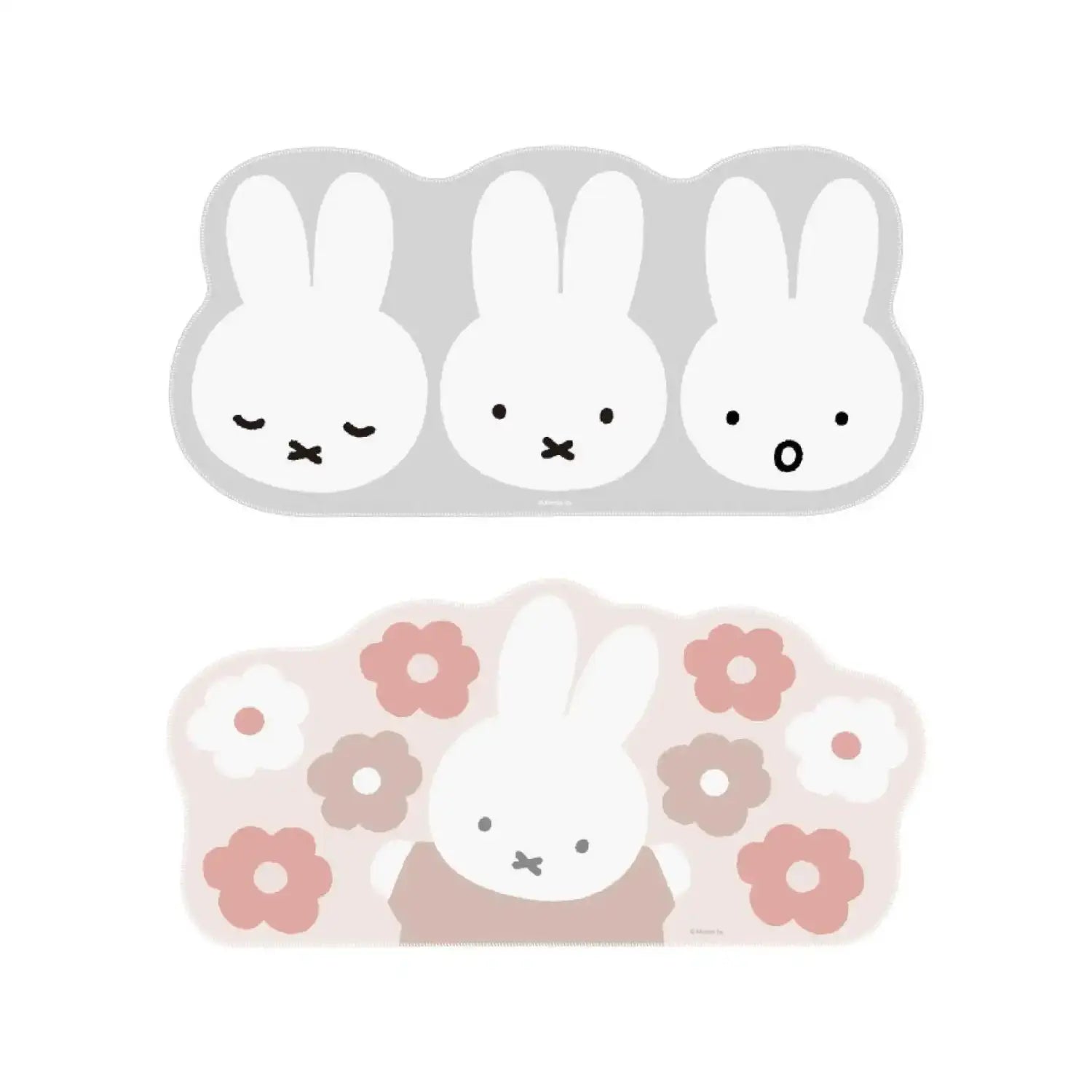 Alfombrilla de escritorio con temática de Miffy en color gris, en colores pastel suaves, que presenta diseños adorables de conejos sobre una alfombrilla de ratón gris, con medidas de 30 x 60 cm.