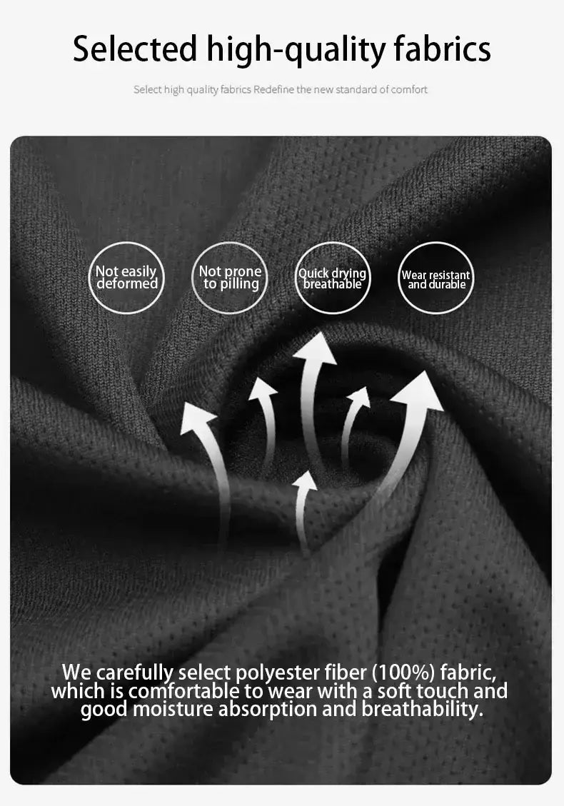 Gros plan sur un tissu gris foncé à 100 % polyester, à la texture douce et au tissage respirant, pour un ensemble de sport deux-pièces pour homme, d’été.
