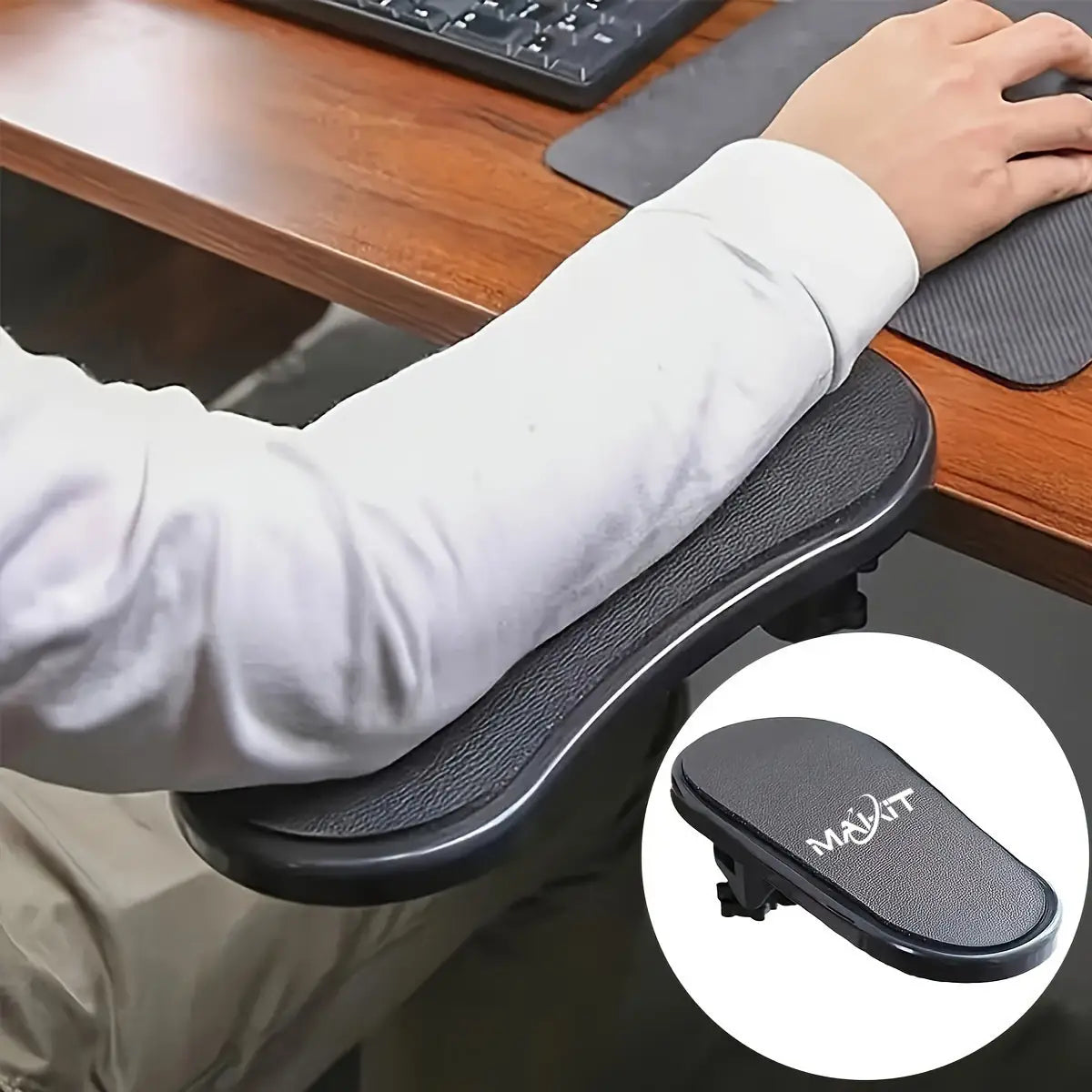 Black textured ergonomic desk armrest extender with sleek design and majit brand embossed on its surface.