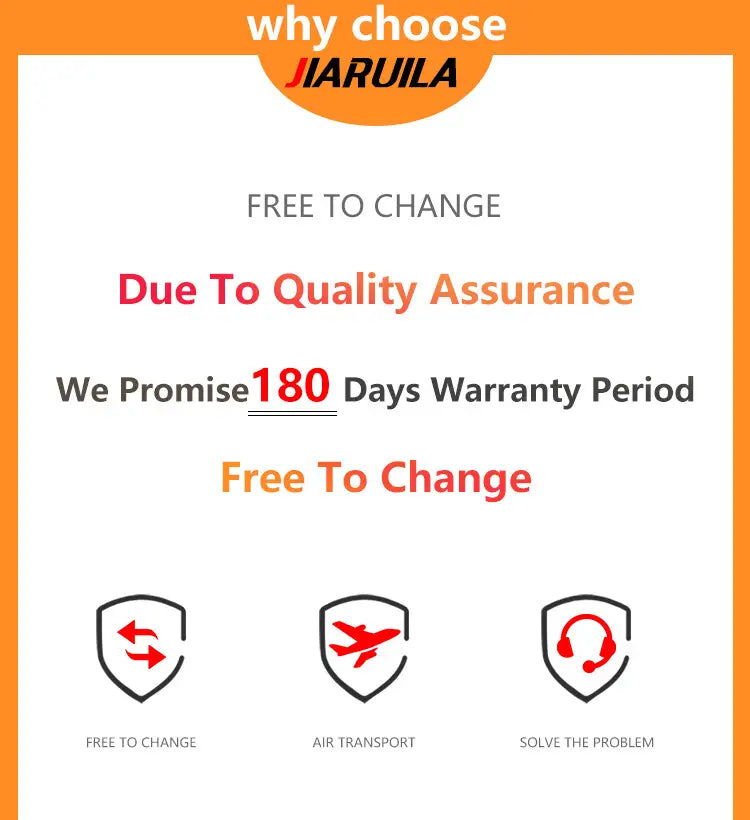 pegatina de sellado resistente al agua Jiaruila para iPhone 16 15 14 pro max, con texto en negrita color naranja y blanco que resalta una política de cambio gratuito de garantía de 180 días, servicio de transporte aéreo y asistencia para la resolución de problemas.