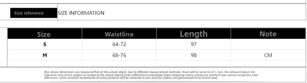 The image displays a size chart for an off-white crochet lace maxi skirt showing waistline and length measurements in centimeters for sizes S and M.