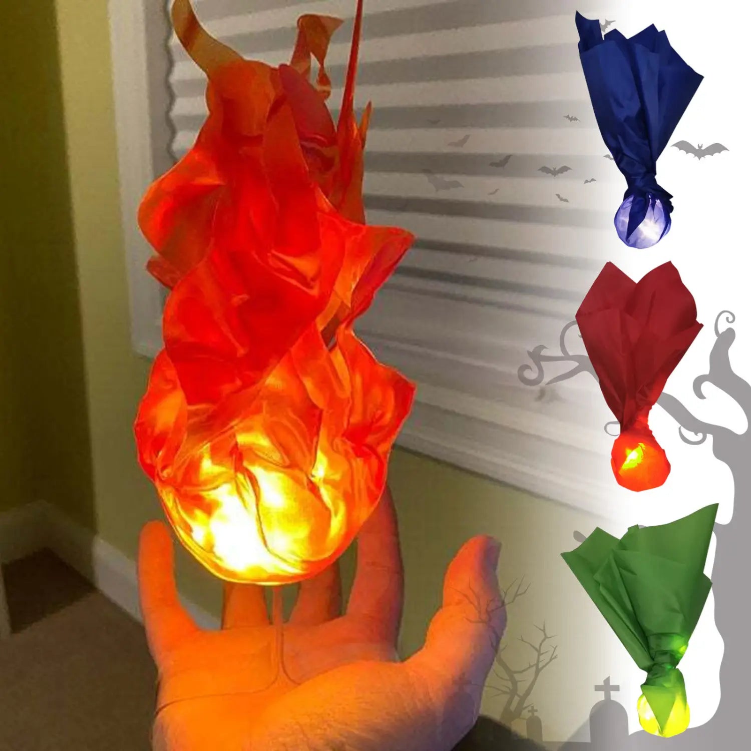 a glowing orange flame-shaped lantern made of translucent material with warm light emanating from its center floating fireball led halloween prop
