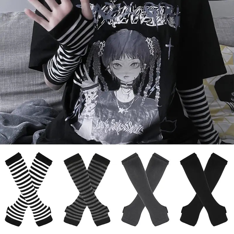 striped knit fingerless arm warmers in black and white with long length and ribbed cuffs
