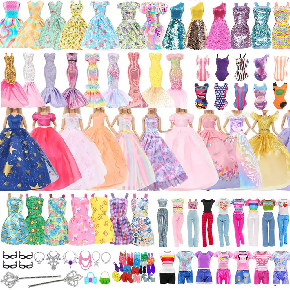 a vibrant collection of barbie doll clothes and accessories set 50 pcs featuring assorted colors and patterns with sequined dresses floral prints mermaid tails and casual wear