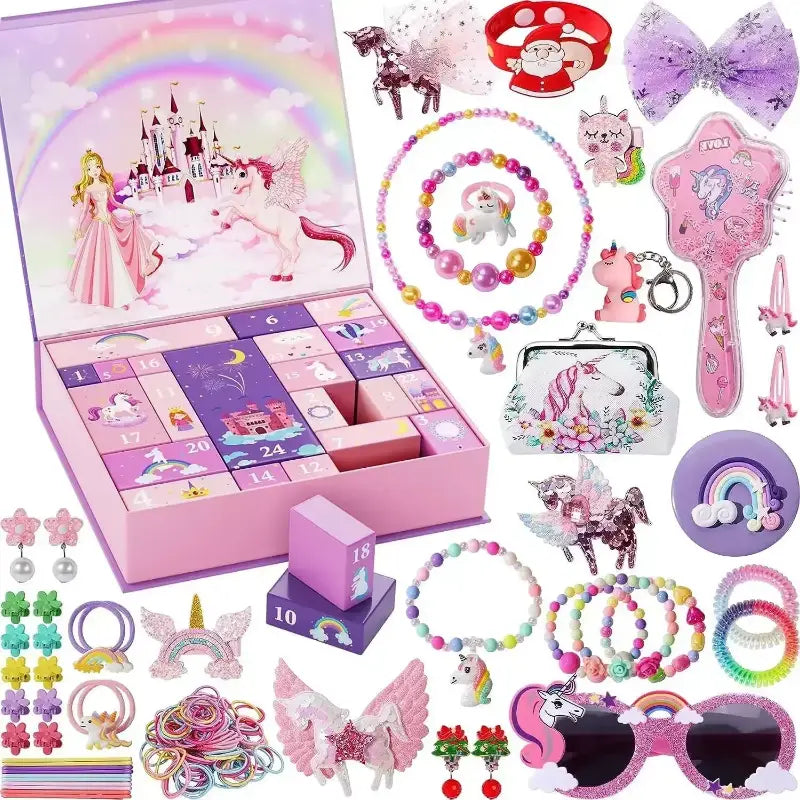 Pink unicorn-themed advent calendar girl diy jewelry hairpin set with colorful glittery accessories and charms delivered randomly.