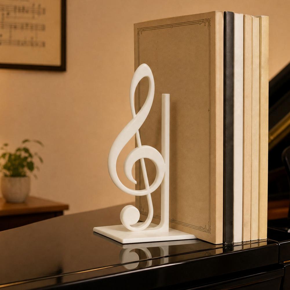Weiße Kunststoff-3D-gedruckte Buchstütze in Form eines Violinschlüssels, entworfen als Musikdekoration.