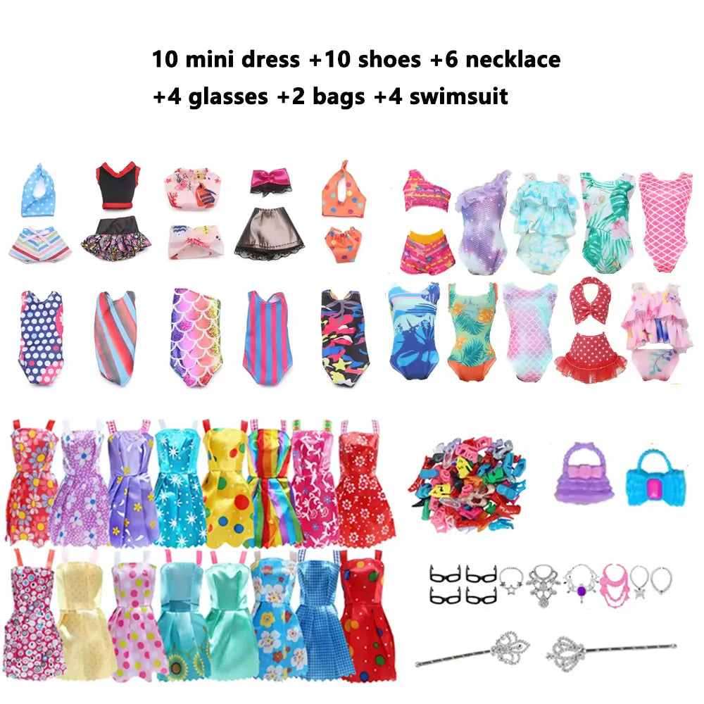 A collection of colorful patterned mini dresses for dolls included in a doll clothes and accessories set 50 pcs.