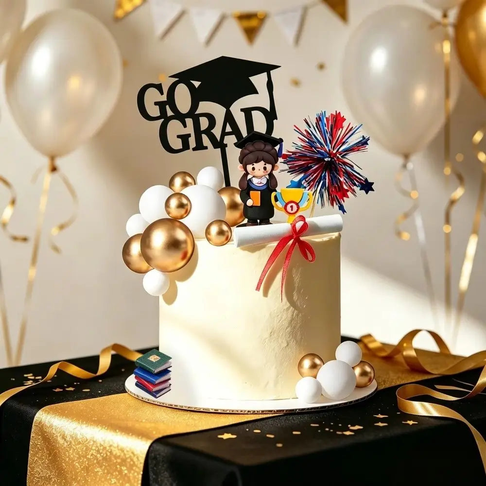 Un gâteau de remise des diplômes à glaçage blanc décoré de ballons dorés et blancs, avec des accents de ruban rouge et un accessoire « go grad » noir, comprenant une figurine de diplômé mignonne tenant un diplôme.