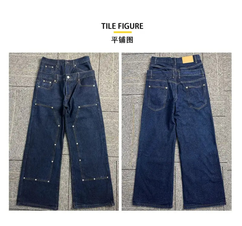 Jeans bruts en denim à jambe large à rivets pour hommes en indigo foncé, avec des empiècements renforcés et des rivets argentés.