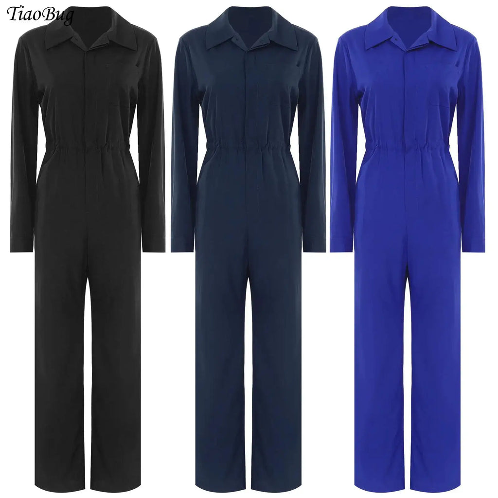 Womens Casual Jumpsuit Coverall Solid Color Long Sleeve Turn-Down Collar Button Flap Romper Fashion Work Travel Holiday Homewear