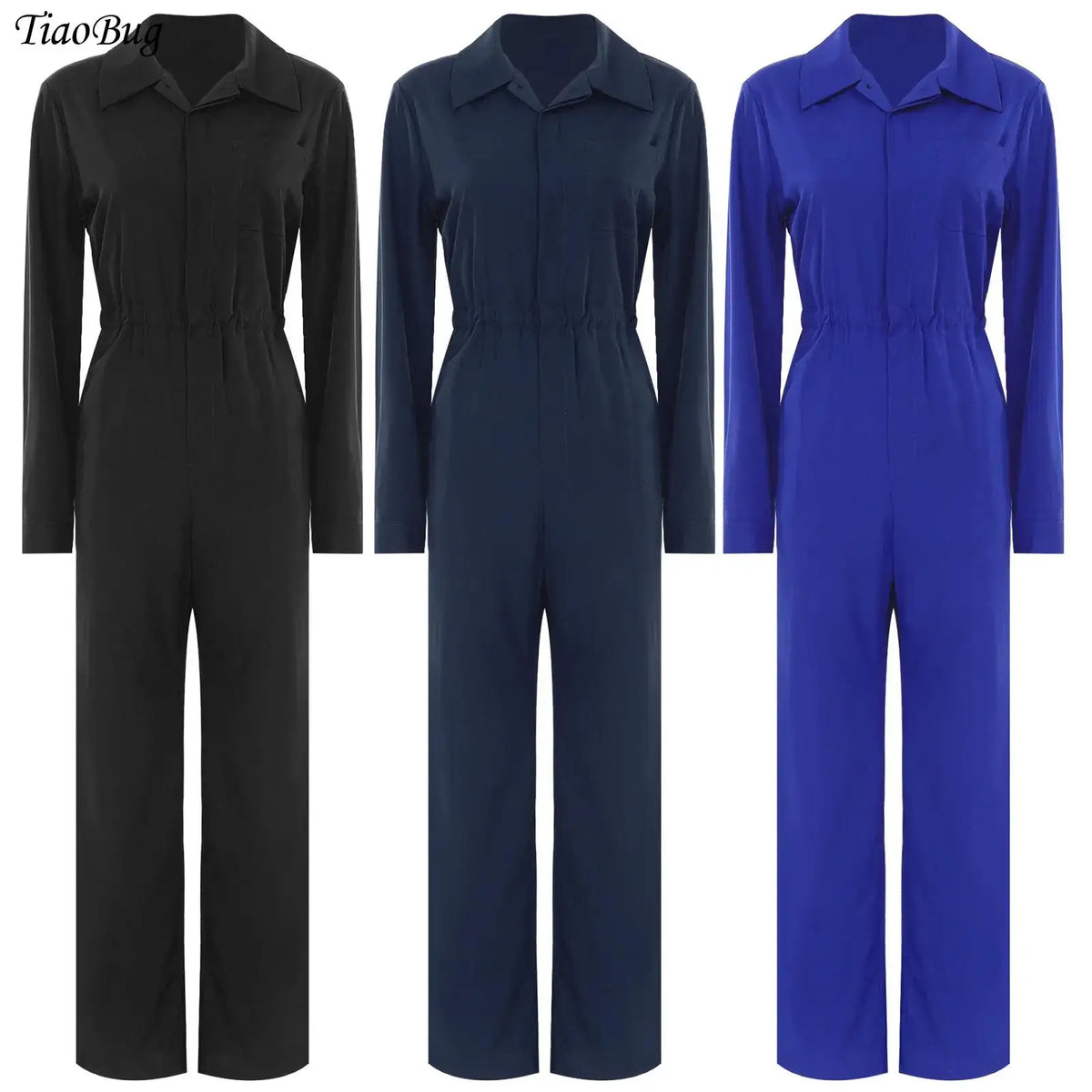 Womens Casual Jumpsuit Coverall Solid Color Long Sleeve Turn-Down Collar Button Flap Romper Fashion Work Travel Holiday Homewear