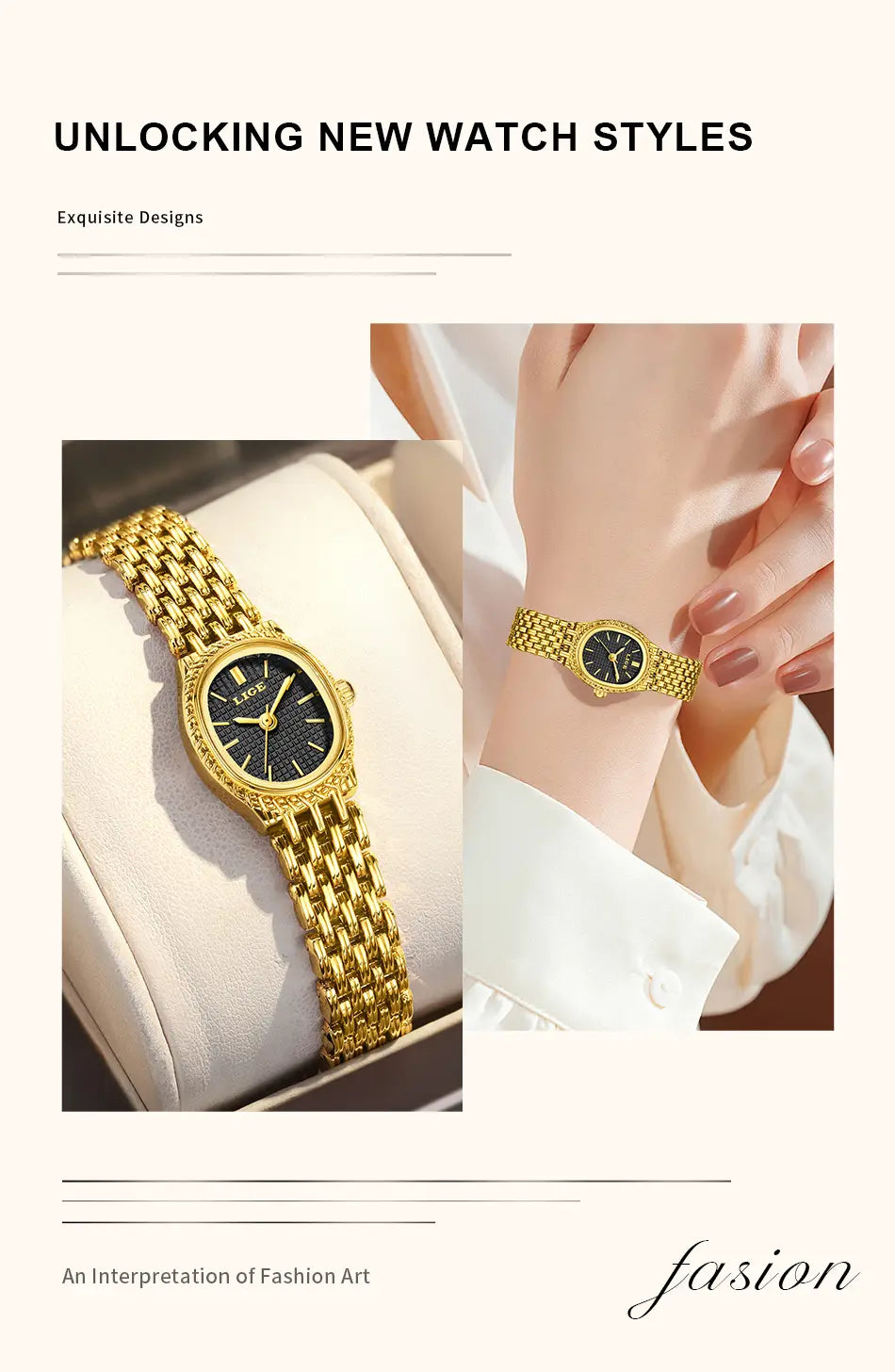 Gold-toned mesh bracelet Lige women quartz watch with a black dial and diamond accents.