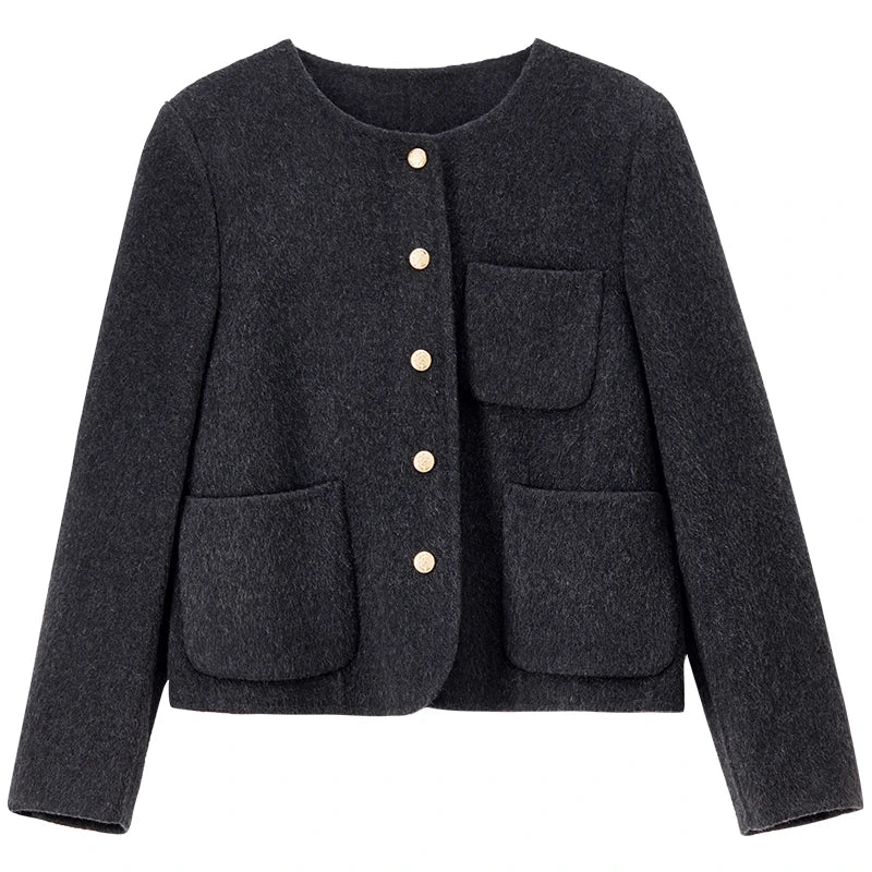 SENTUBILA Women's Sheep Wool Double Faced Overcoat Winter 2026 O-Neck Short Multi Color Optional Elegant Casual Tops W54OG8767