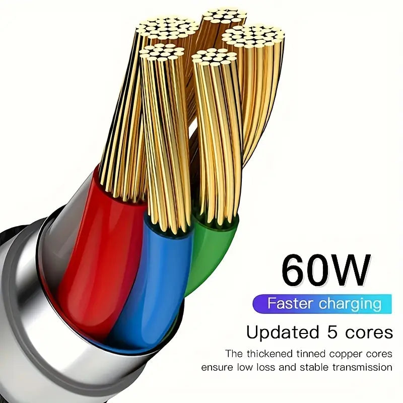 a sleek metallic 60w usb-c fast charging cable type-c to type-c featuring five color-coded cores in red blue and green within a durable silver housing
