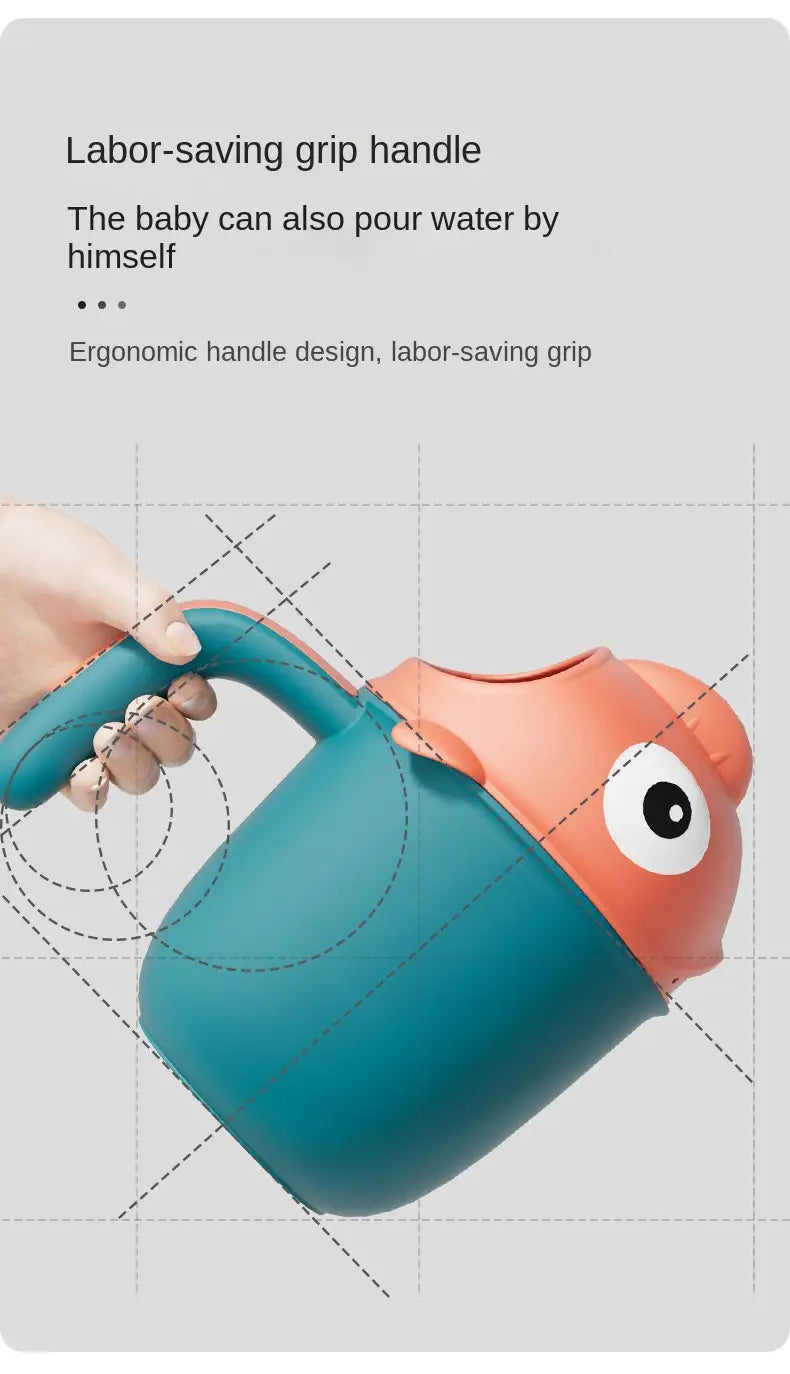 Taza de enjuague para baño de bebé con forma de pez, para ducha, en forma de pez de dibujos animados en turquesa y naranja, con asa de agarre que ahorra trabajo para facilitar su uso.